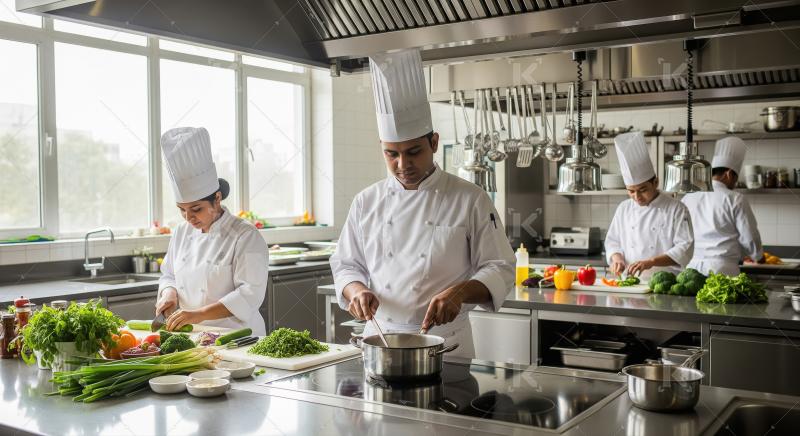 A chef in a stylish hat and apron is stirring a pan of food amon