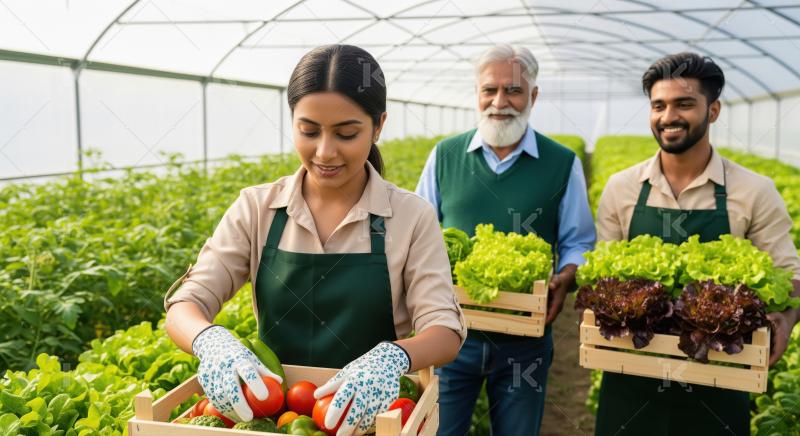 A multi generational team of farmers in a greenhouse holds crate