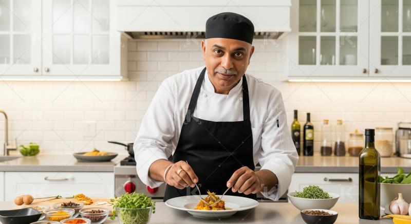 A chef in a stylish hat and apron is stirring a pan of food amon