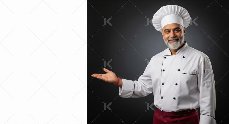 Happy senior male chef showing blank board
