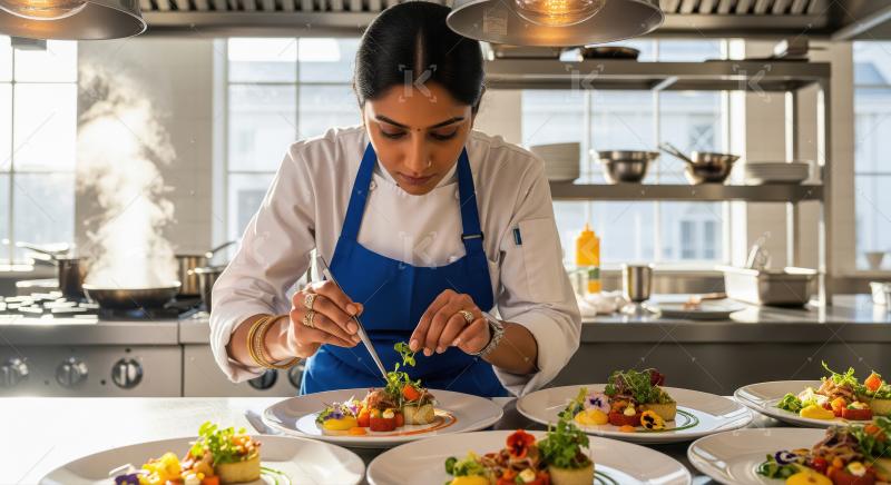 A skilled female chef in a blue apron carefully plates gourmet d