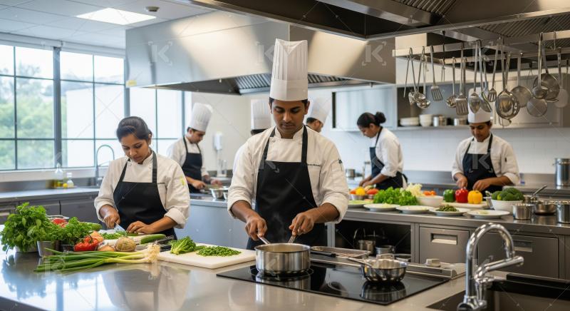 A chef in a stylish hat and apron is stirring a pan of food amon