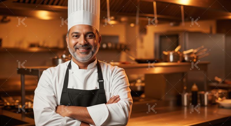 A chef in a stylish hat and apron is stirring a pan of food amon