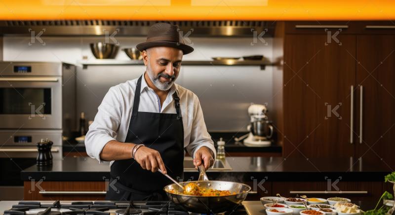 A chef in a stylish hat and apron is stirring a pan of food amon