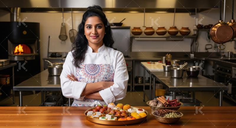 A confident female chef in traditional apron stands behind in a