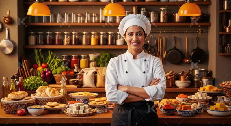 A confident female chef in traditional apron stands behind in a