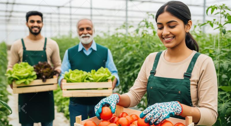 A multi generational team of farmers in a greenhouse holds crate