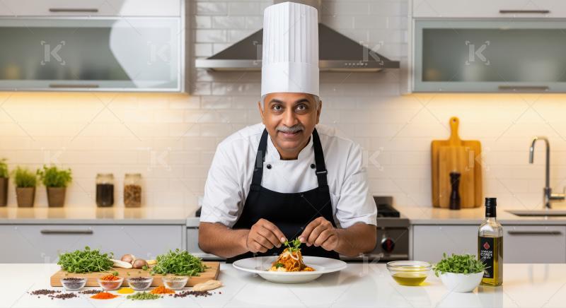 A chef in a stylish hat and apron is stirring a pan of food amon