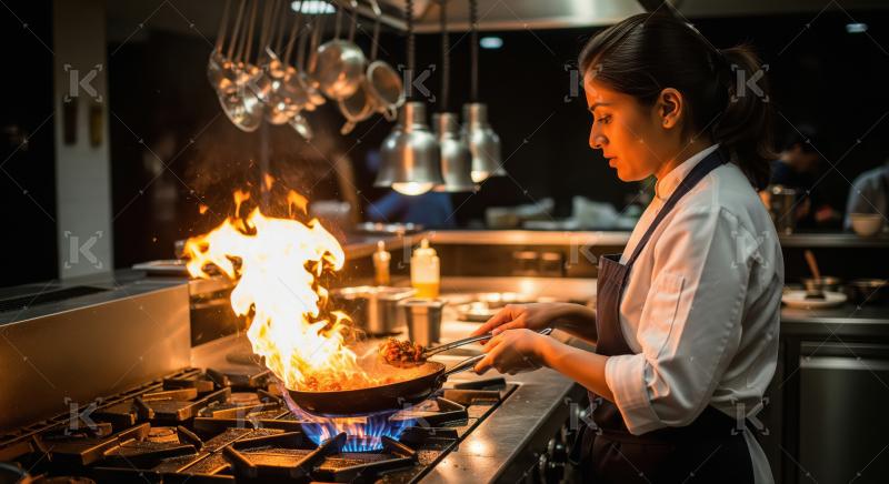 A professional female chef in white and red uniform expertly coo