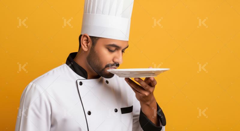 A chef in a classic white uniform and hat elegantly inspects the