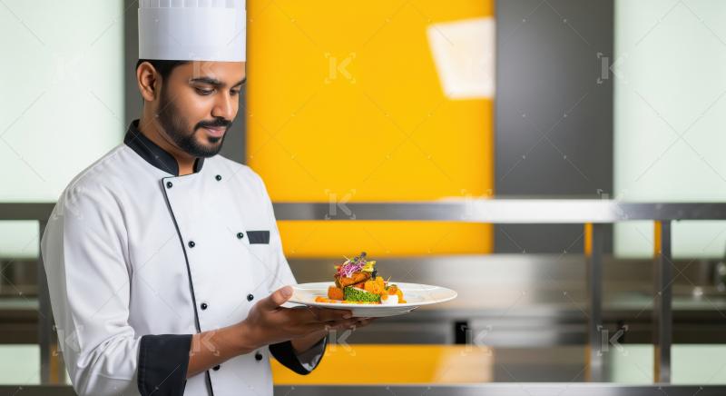 A chef in a stylish hat and apron is stirring a pan of food amon