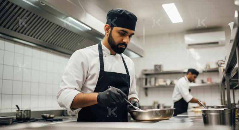 A chef in a stylish hat and apron is stirring a pan of food amon