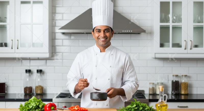 A chef in a stylish hat and apron is stirring a pan of food amon