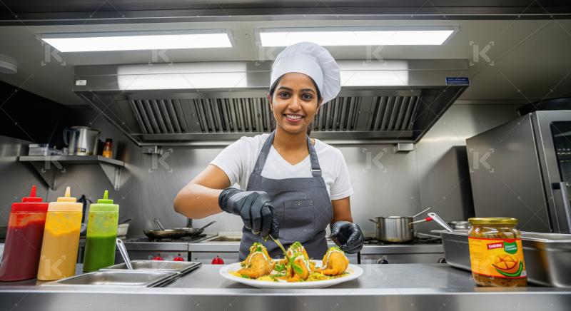 A female chef wearing a white uniform and chef hat stands inside