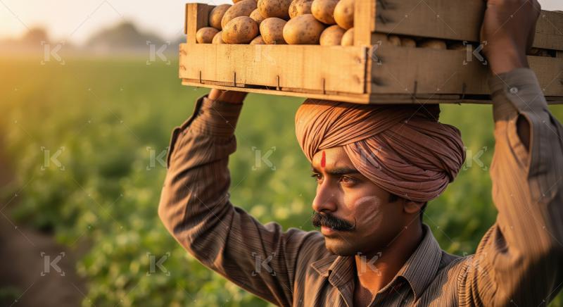 A rural farmer in traditional attire carries a wooden crate full