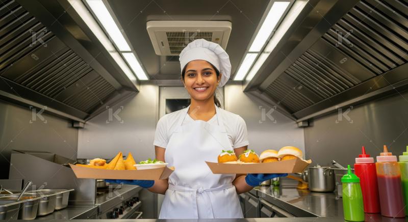 A female chef wearing a white uniform and chef hat stands inside