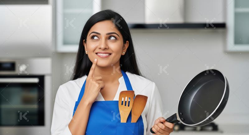 A cheerful young woman in a yellow shirt and apron holds a pan a