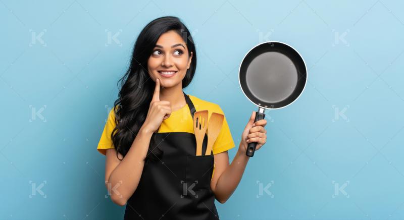 A cheerful young woman in a yellow shirt and apron holds a pan a