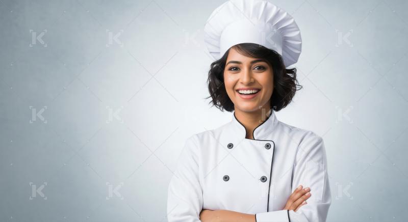 A confident female chef in traditional apron stands behind in a