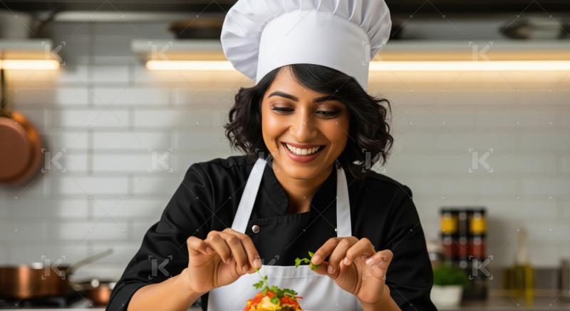 A professional female chef in a black jacket and white hat focus