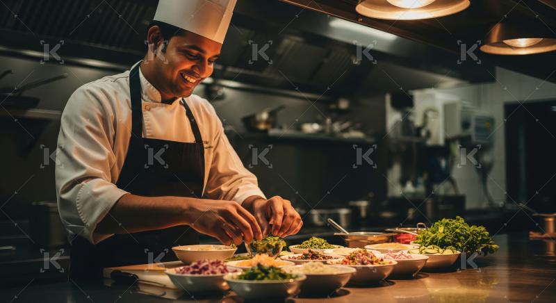 A chef in an apron expertly plates a gourmet dish under warm lig