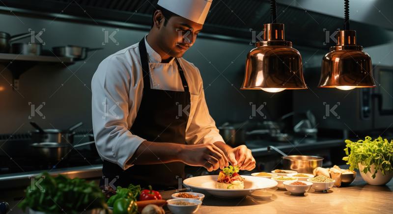 A chef in an apron expertly plates a gourmet dish under warm lig