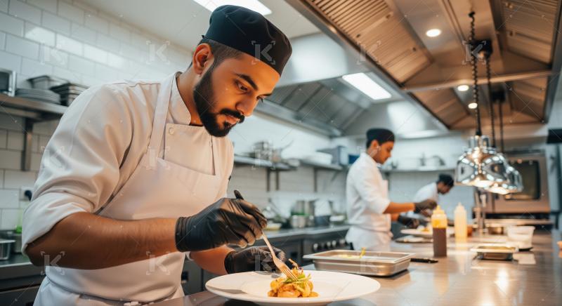 A professional chef in a white uniform and black gloves meticulo