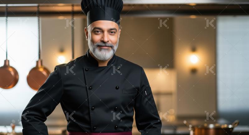 A senior chef in a stylish black uniform and hat stands confiden
