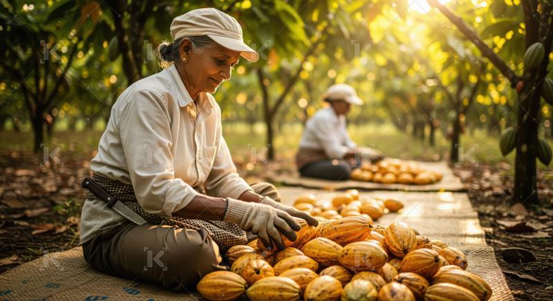 A woman farmer in gloves and cap harvests ripe cocoa pods in a s