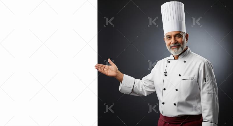 A senior chef in a stylish black uniform and hat stands confiden