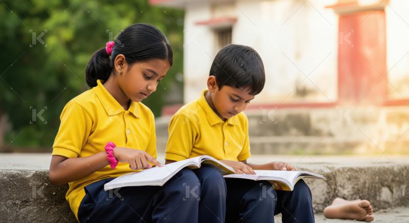 Young Indian schoolgirl and schoolboy in uniforms sit outdoors r