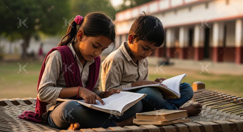 Young Indian schoolgirl and schoolboy in uniforms sit outdoors r