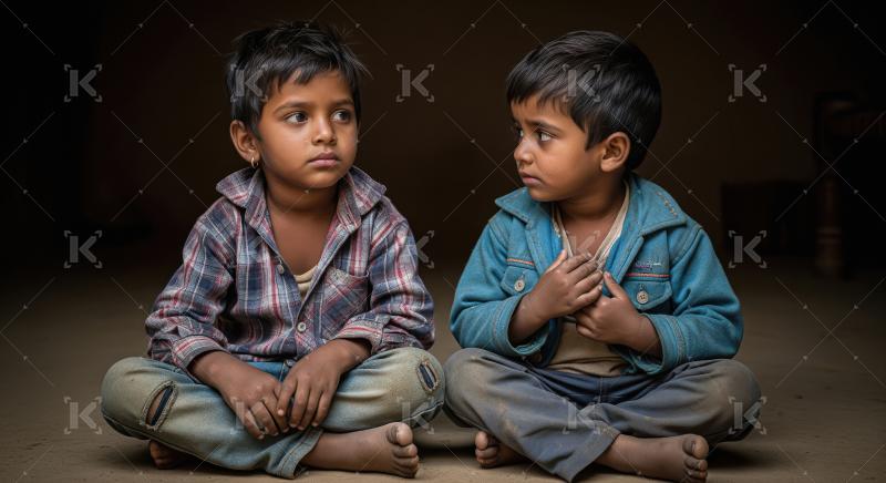 Two young rural Indian boys sit together barefoot indoors, weari