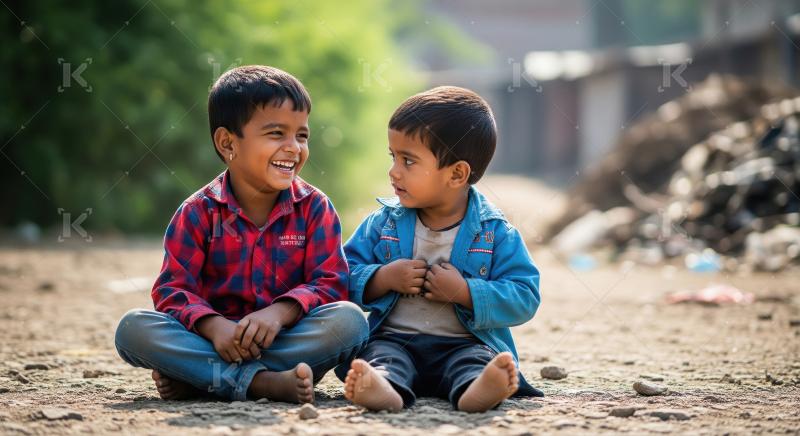 Two young rural Indian boys sit together barefoot indoors, weari