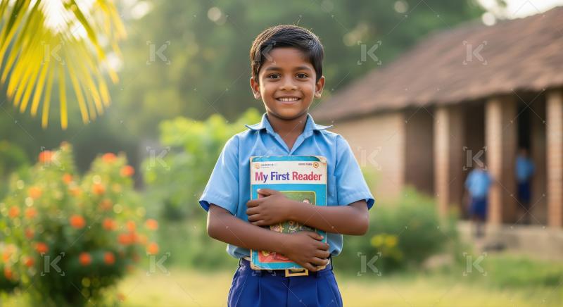 A young schoolboy in a blue uniform proudly holds a “My First