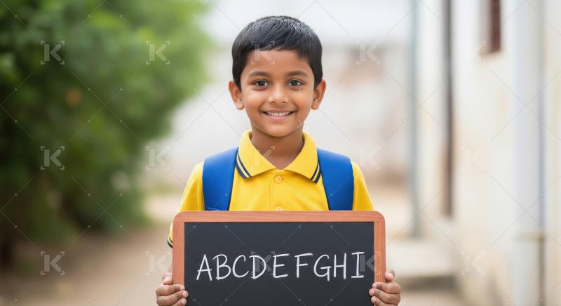 Schoolboy in a yellow shirt holds a chalkboard with the English