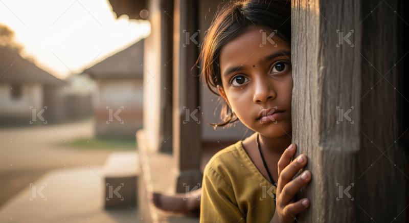 Village girl shyly peeks from behind a wooden pillar on her porc