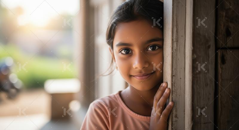 Village girl shyly peeks from behind a wooden pillar on her porc