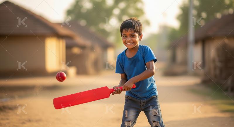 Village boy in a blue shirt and jeans actively plays cricket