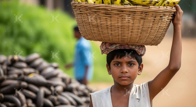 A young Indian boy balances a large basket of bananas on his hea