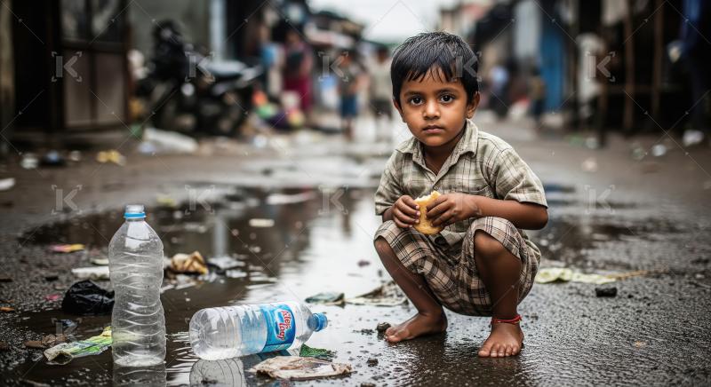 A little boy squats barefoot on a wet, littered street eating br