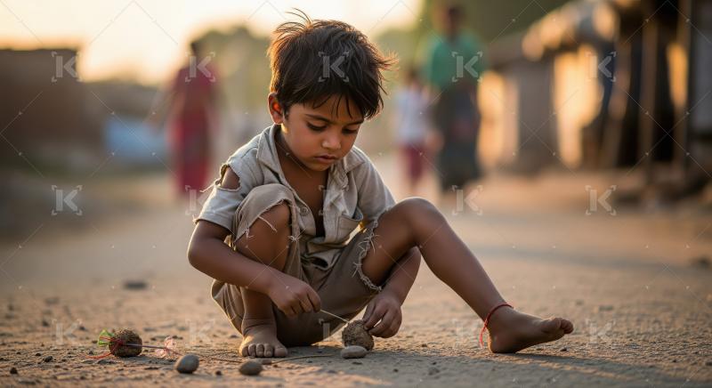 A little boy squats barefoot on a wet, littered street eating br