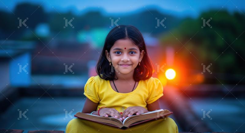 Indian girl with a bright smile sits at a desk with a notebook a