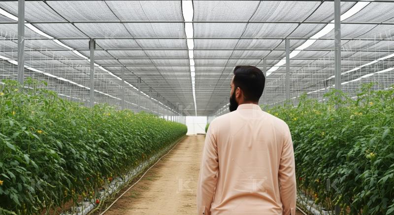 A modern farmer observes organized rows of tomato plants growing