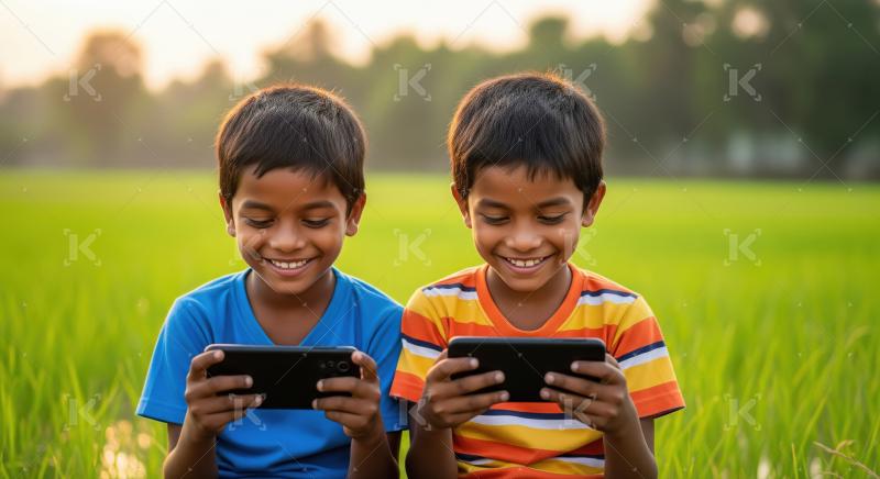 Two young boys sit in a green field, deeply engaged with their s