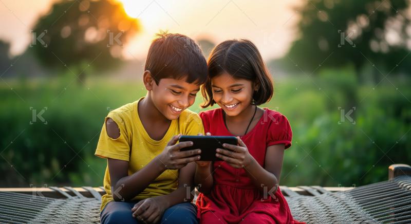 Two young Indian children sit side by side on a hammock outdoors
