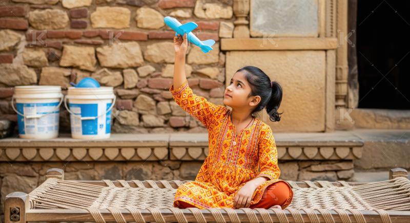 A joyful girl in a traditional outfit plays in the courtyard, ra