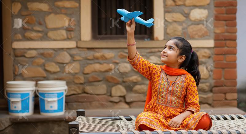 A joyful girl in a traditional outfit plays in the courtyard, ra