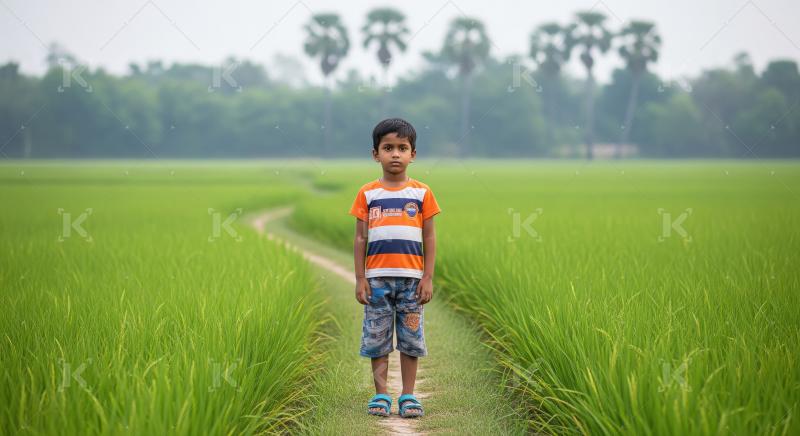 A little boy stands confidently in the middle of a lush green fi