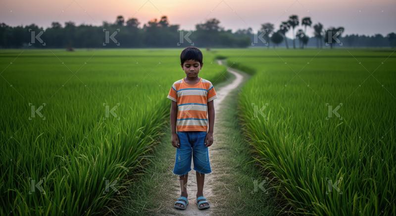 A little boy stands confidently in the middle of a lush green fi